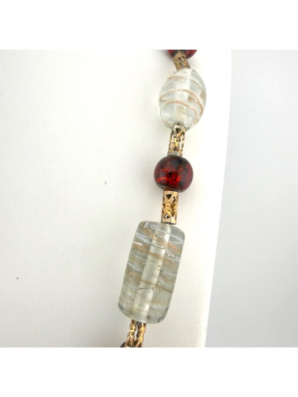 Art Glass Bead Necklace Studio Handmade Red Clear Gold Foil 20” - Picture 3 of 9